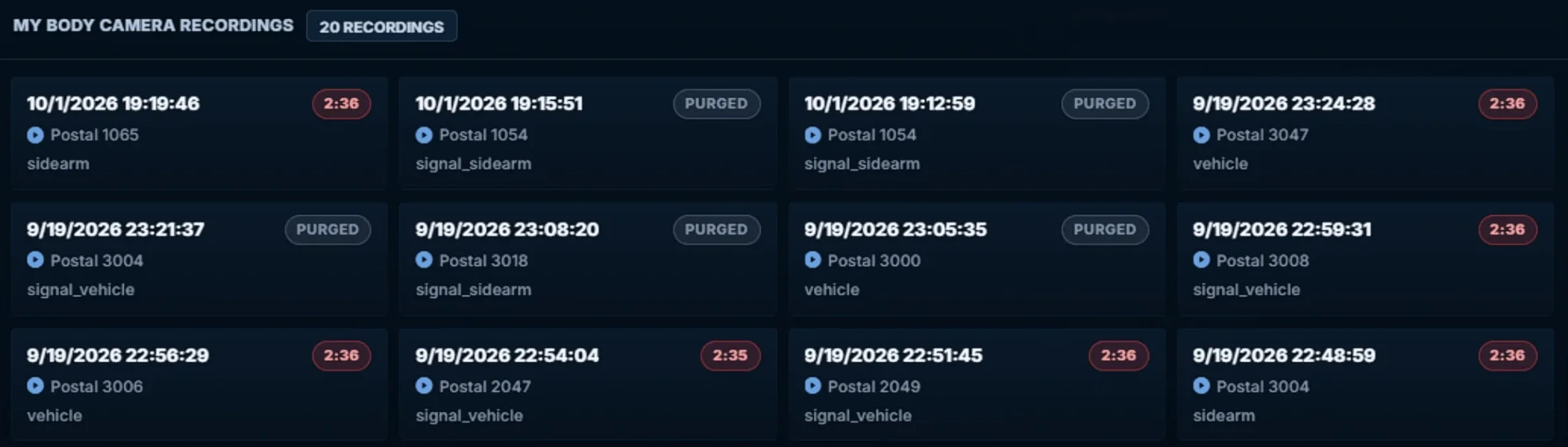 My Body Camera Recordings list with timestamps, postals, trigger types, and durations