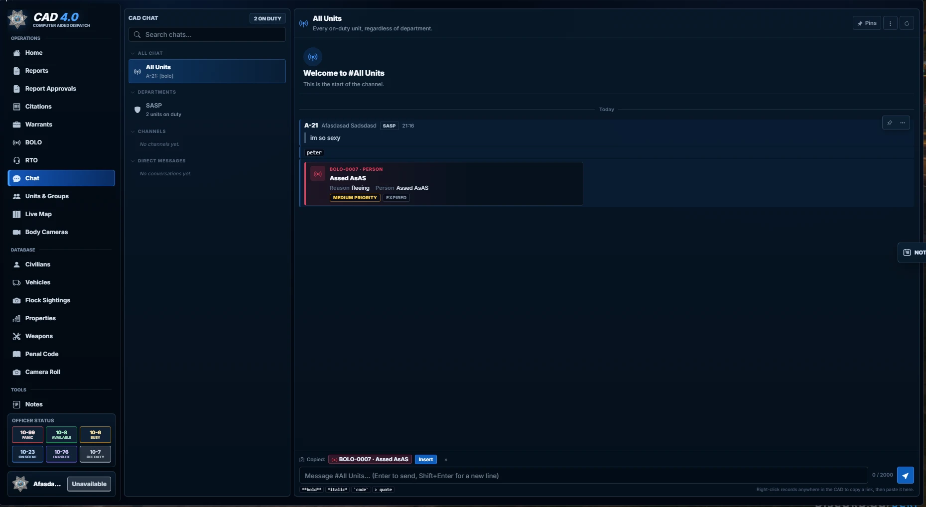 CAD 4.0 chat with department channels, direct messages, and a linked BOLO record