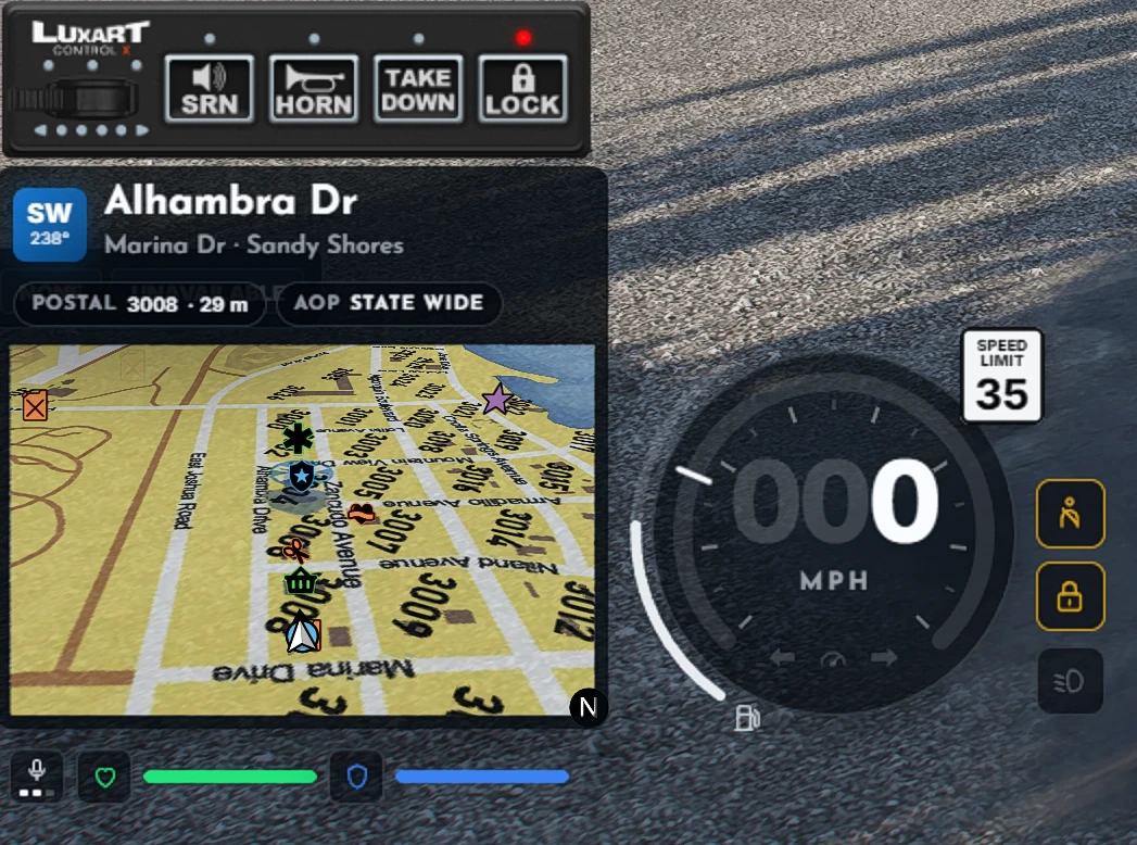 Unified HUD with location, minimap, speedometer, and health indicators