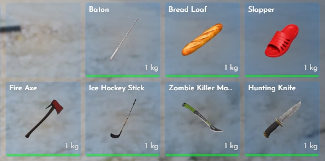 New melee inventory items including a baton, bread loaf, Slapper, fire axe, hockey stick, machete, and hunting knife