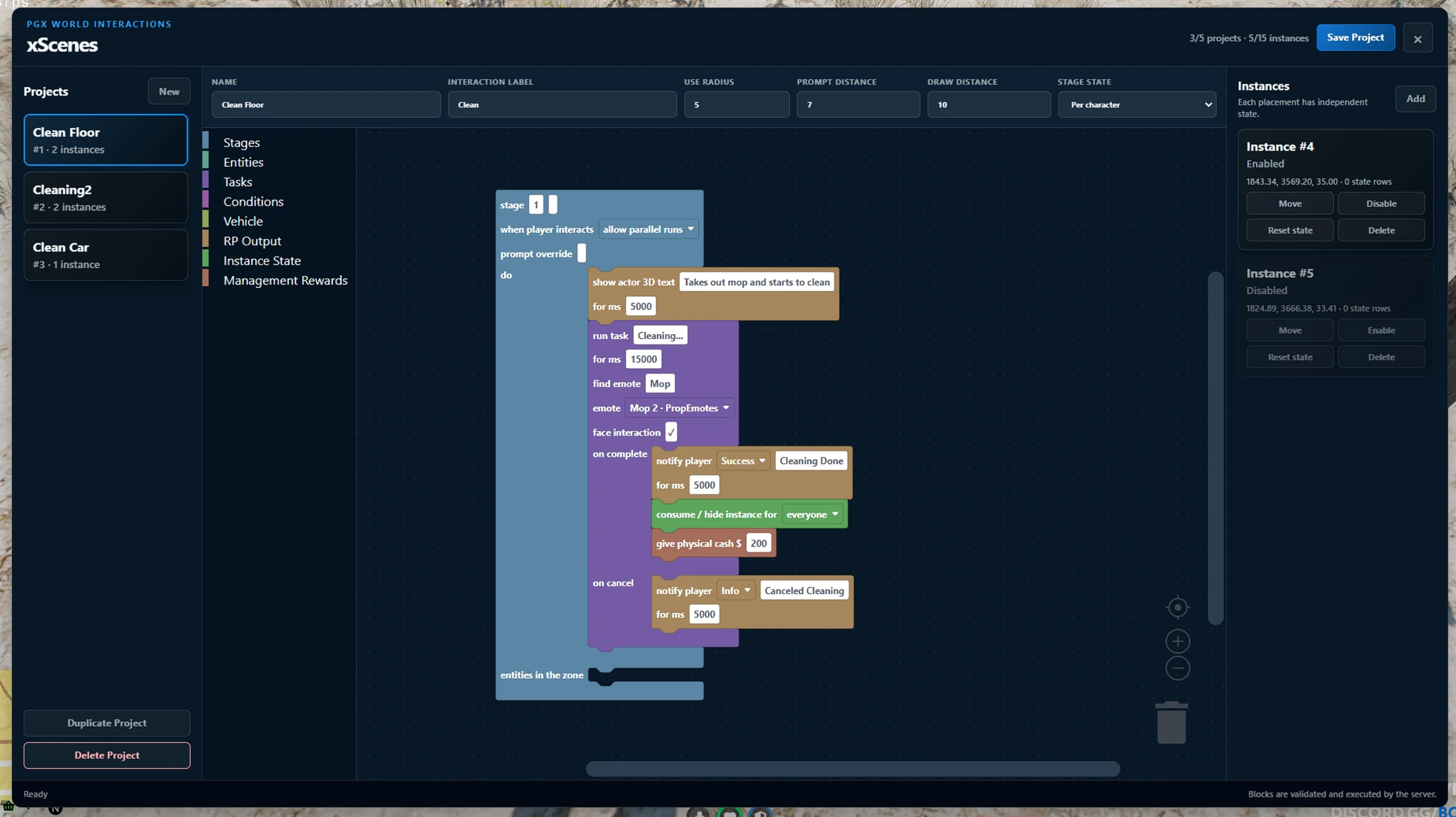 xScenes visual editor showing a cleaning task, emote, and completion actions