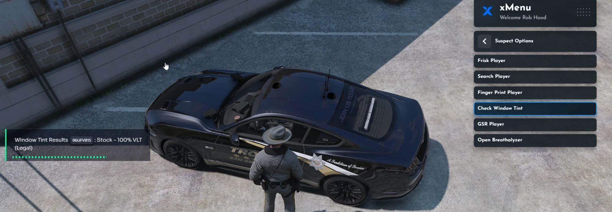 A trooper runs Check Window Tint from Suspect Options and gets a Stock, 100% VLT, legal result