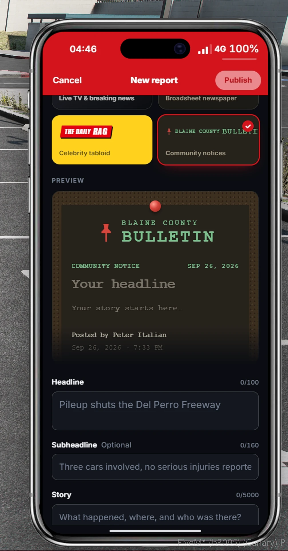 Weazel News publishing screen with a Blaine County Bulletin article preview