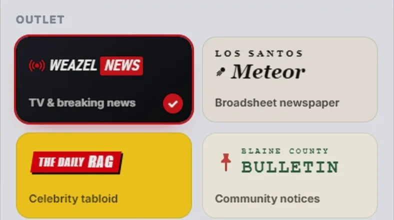 Weazel News outlet picker with Weazel News, Los Santos Meteor, The Daily Rag, and Blaine County Bulletin