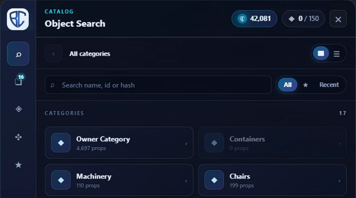 Redesigned xProps Object Search with search, favorites, recent items, and prop categories