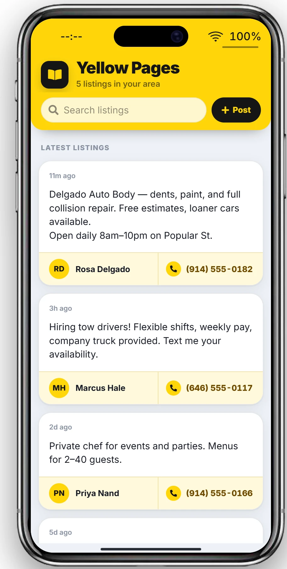 Yellow Pages app showing searchable public service listings