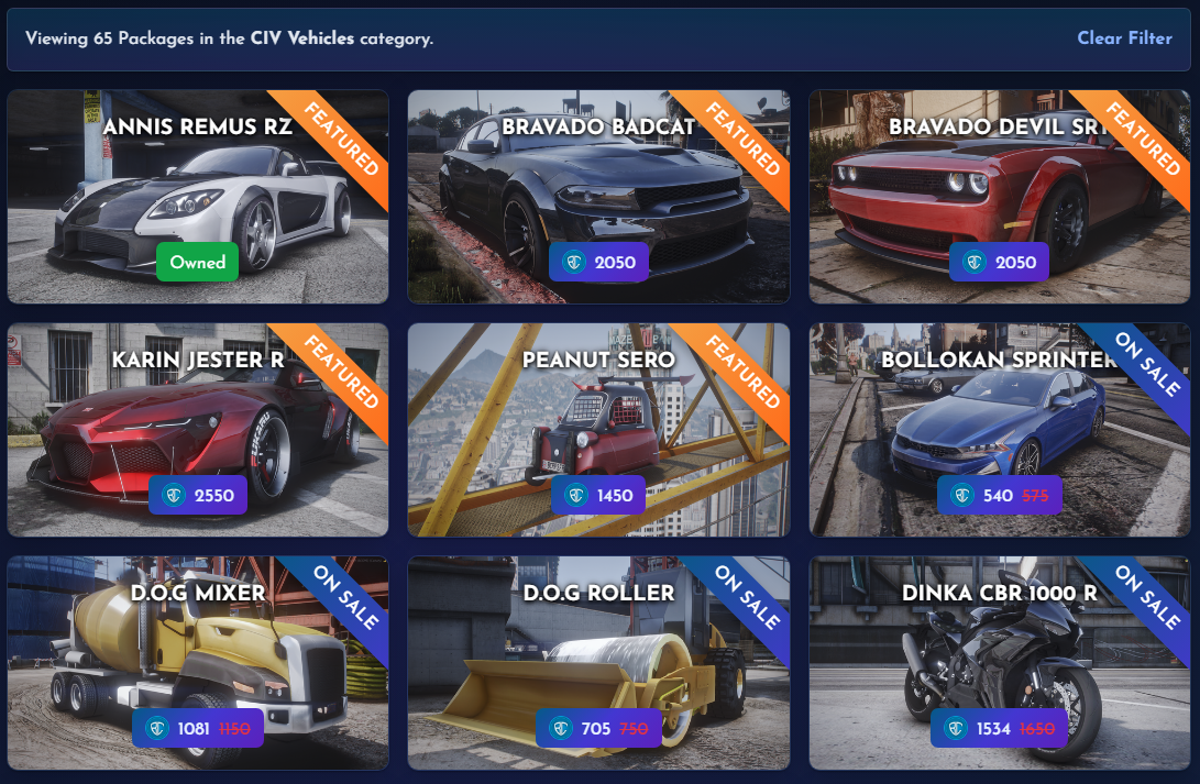 Screenshot of the server store ui